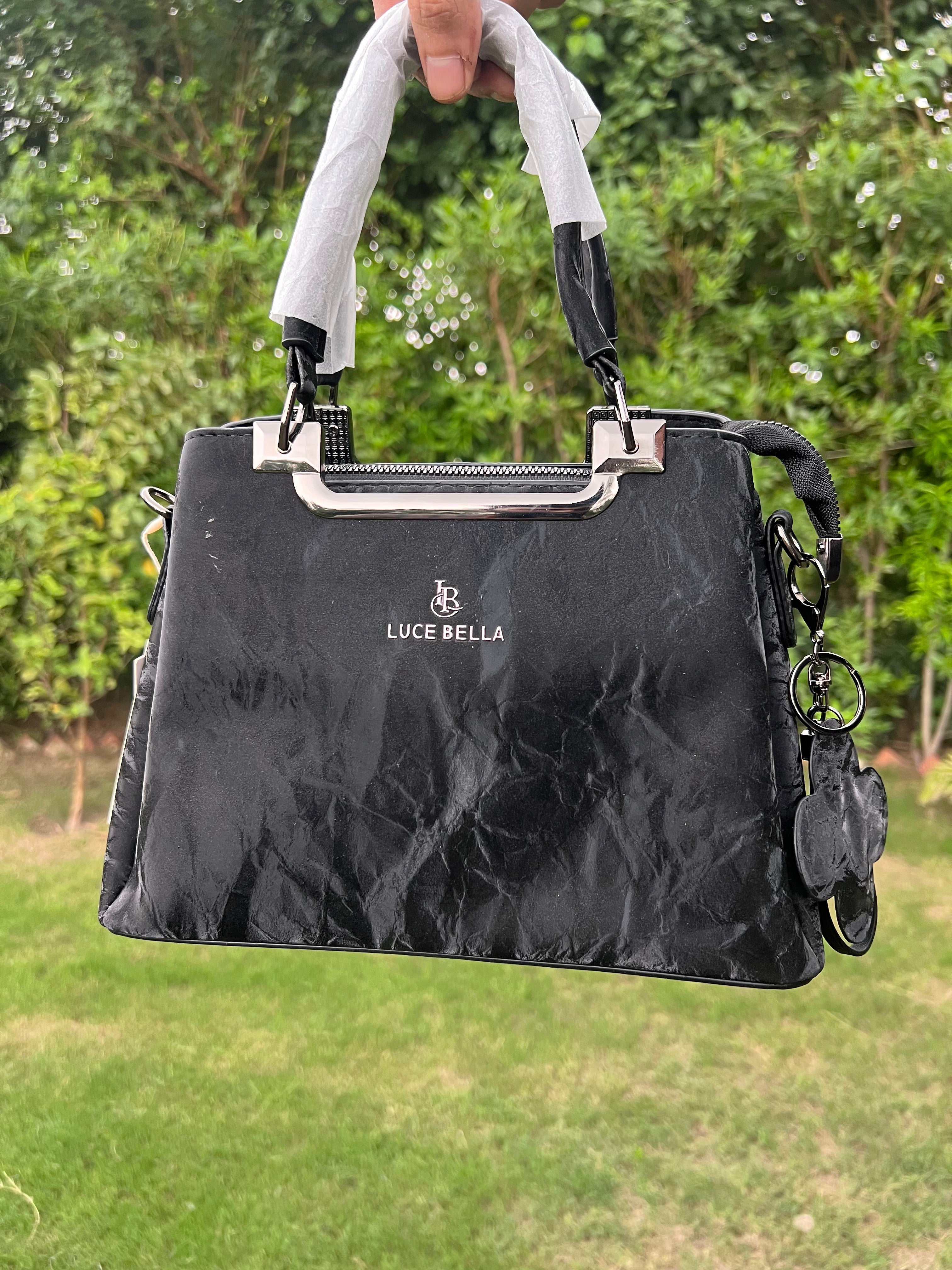 Elegant Black Handbag with Metal Top Handle & Shoulder Strap