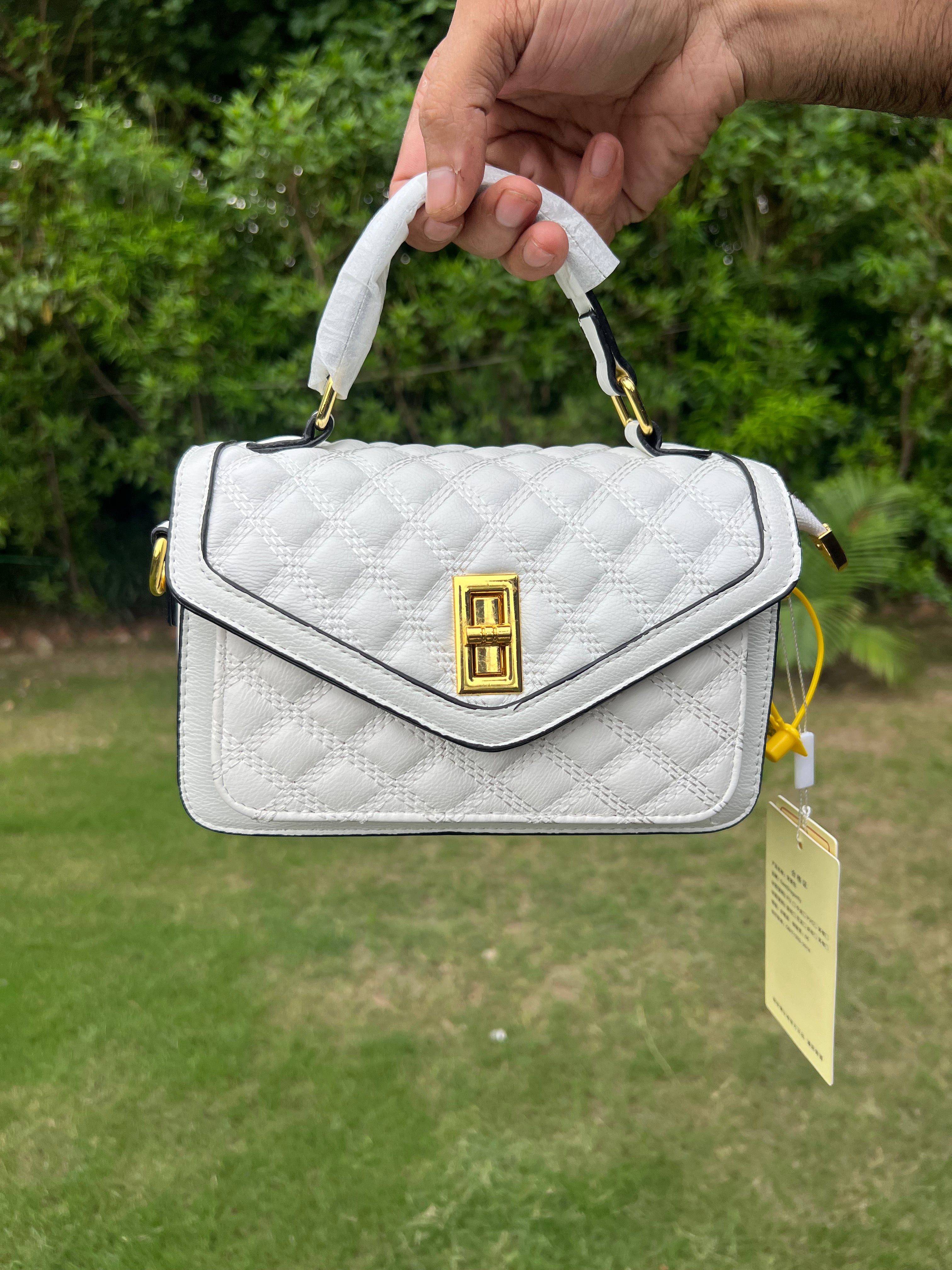 Imported Elegant White Quilted Handbags with Gold Lock and Top Handle