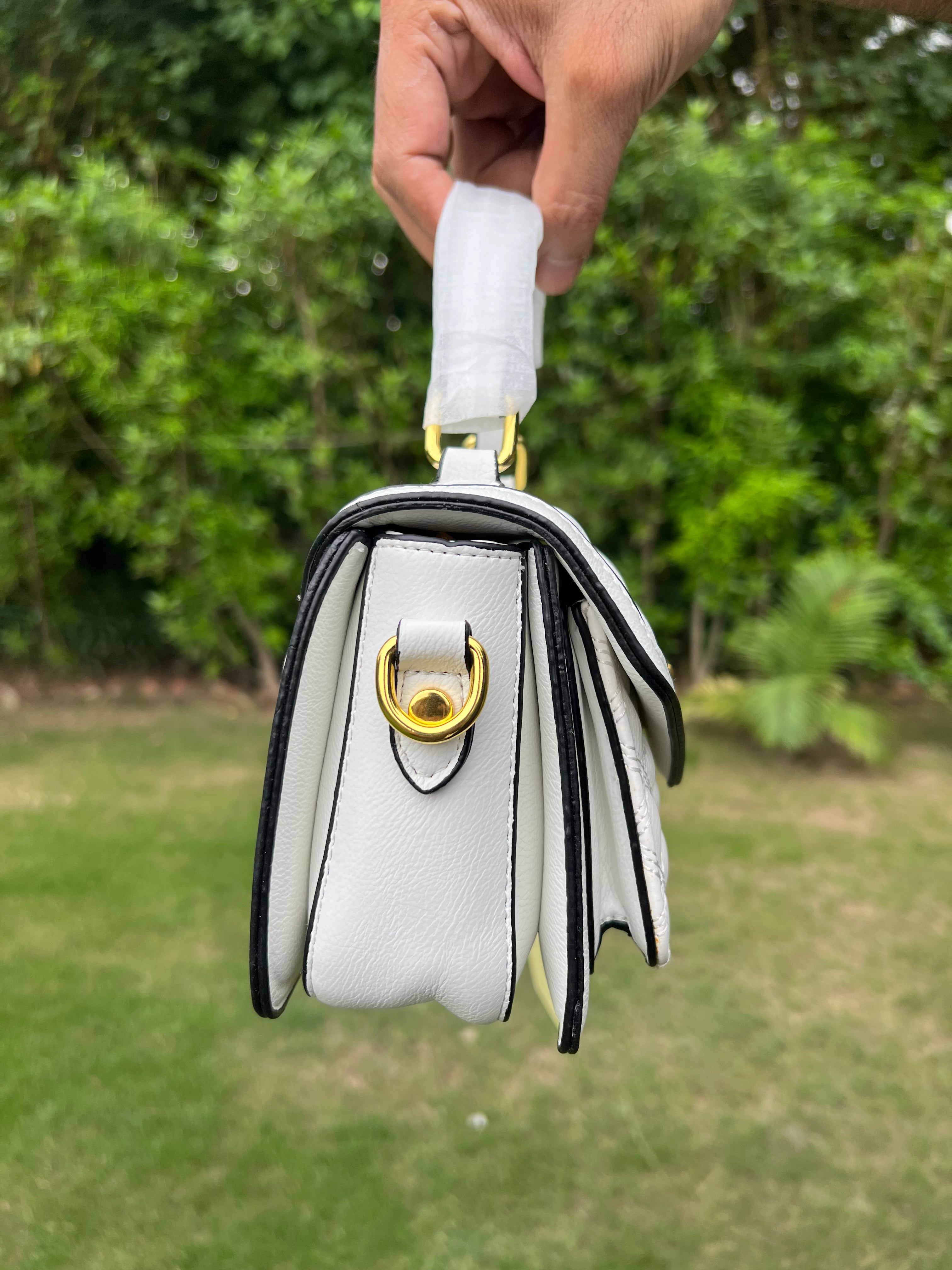 Imported Elegant White Quilted Handbags with Gold Lock and Top Handle