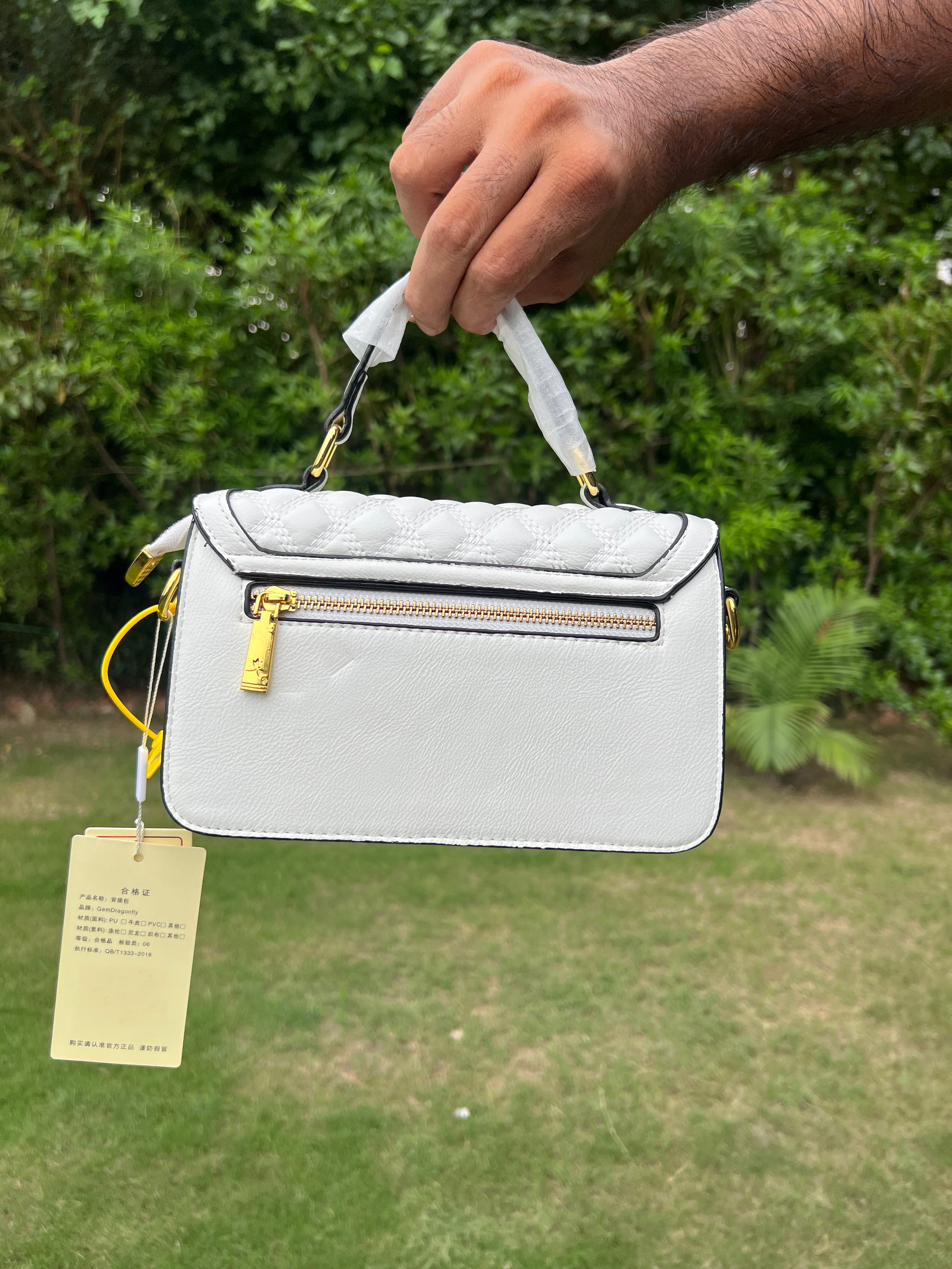 Imported Elegant White Quilted Handbags with Gold Lock and Top Handle