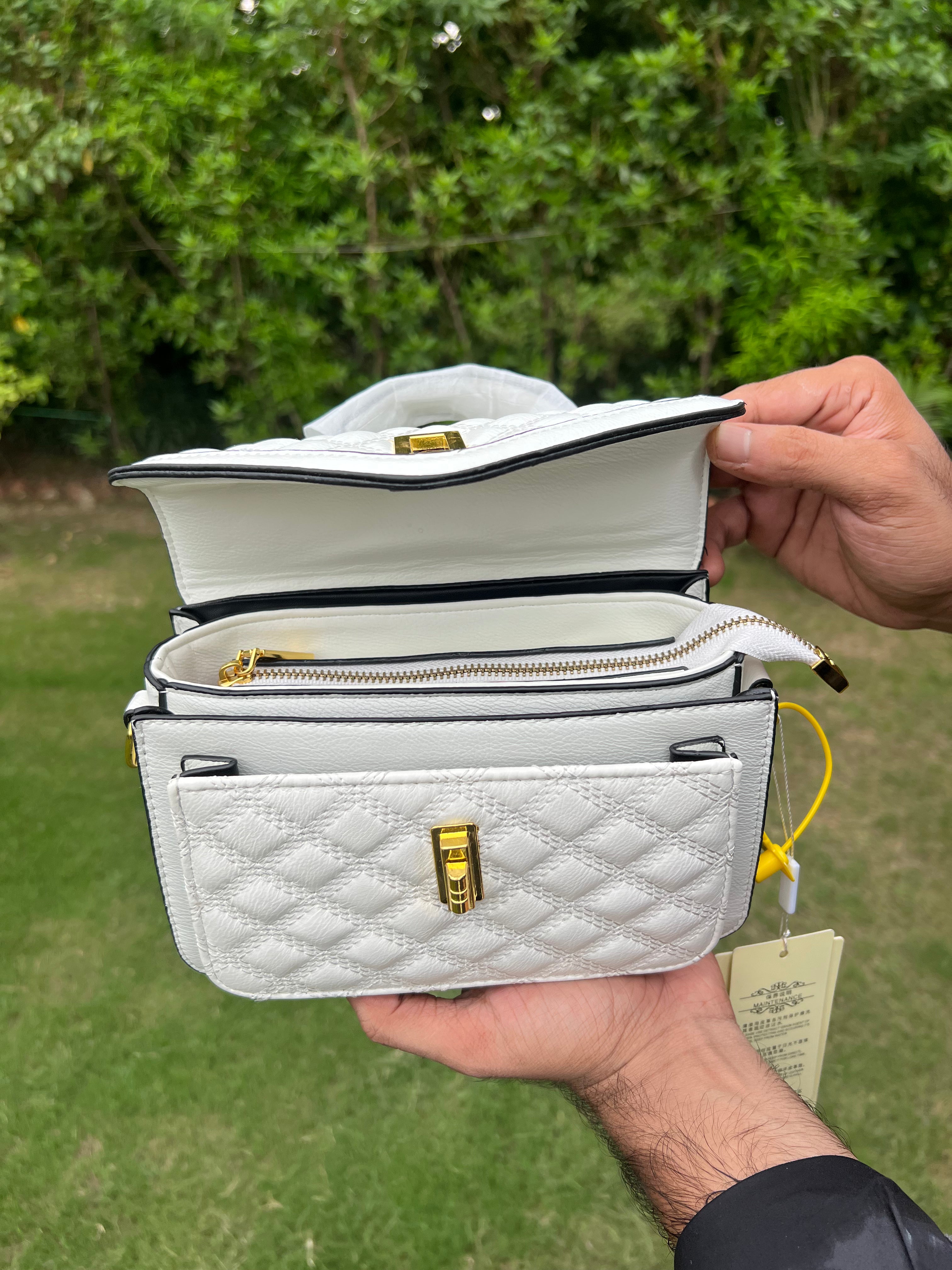 Imported Elegant White Quilted Handbags with Gold Lock and Top Handle