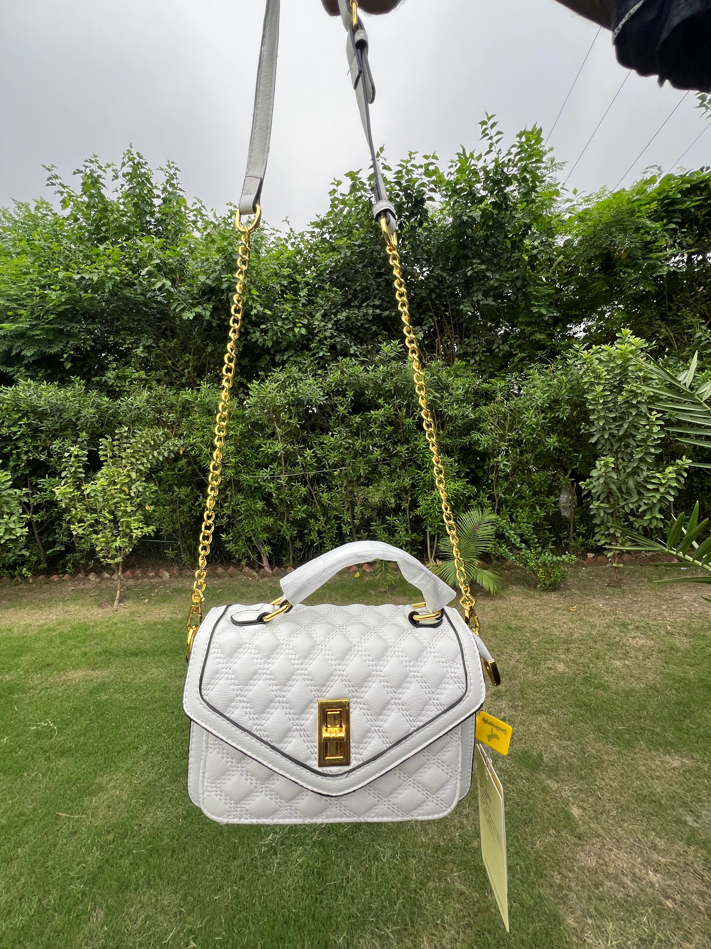 Imported Elegant White Quilted Handbags with Gold Lock and Top Handle