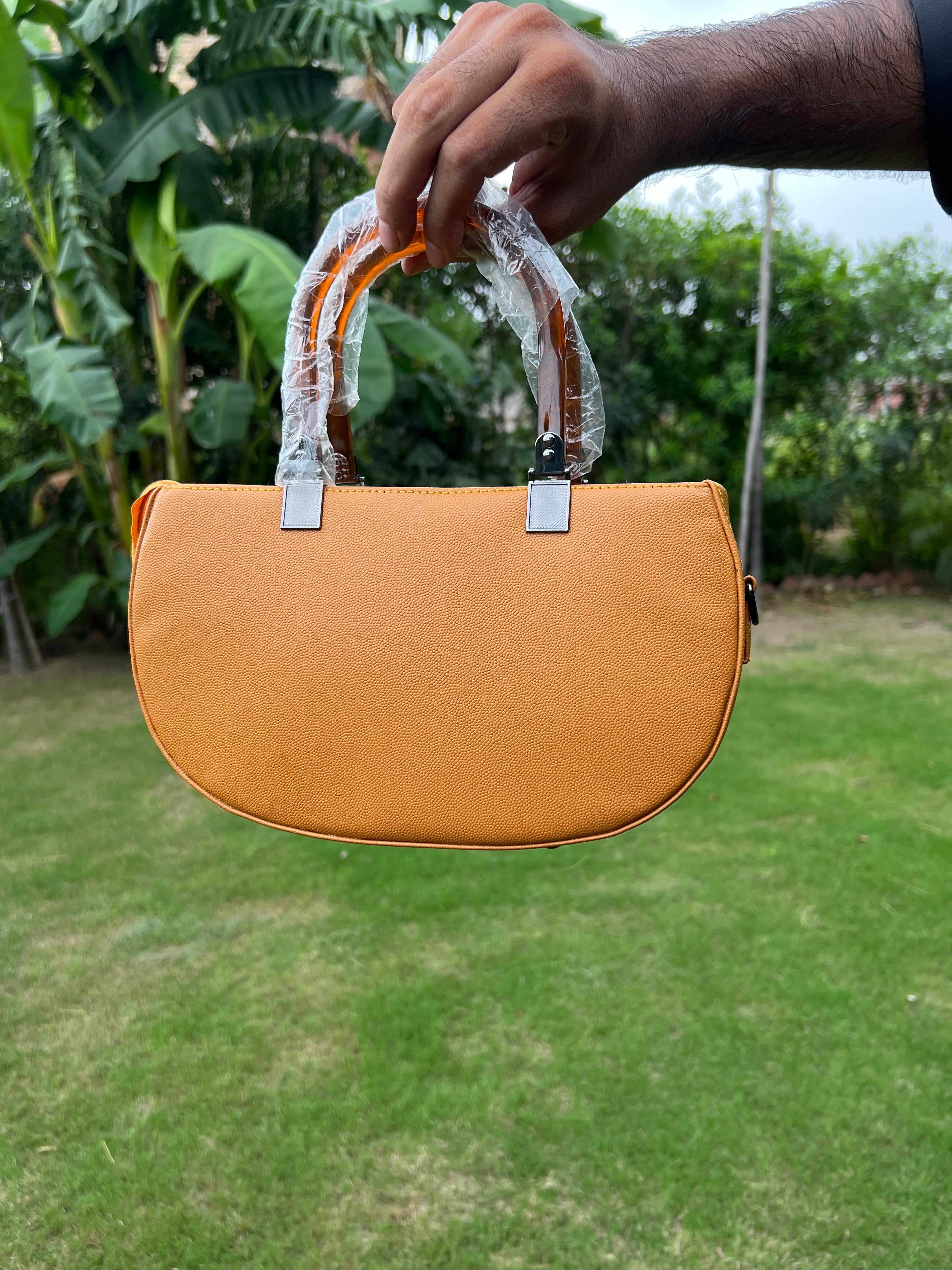 Trendy Mustard Handbag with Printed Artistic Design & transparent Handle