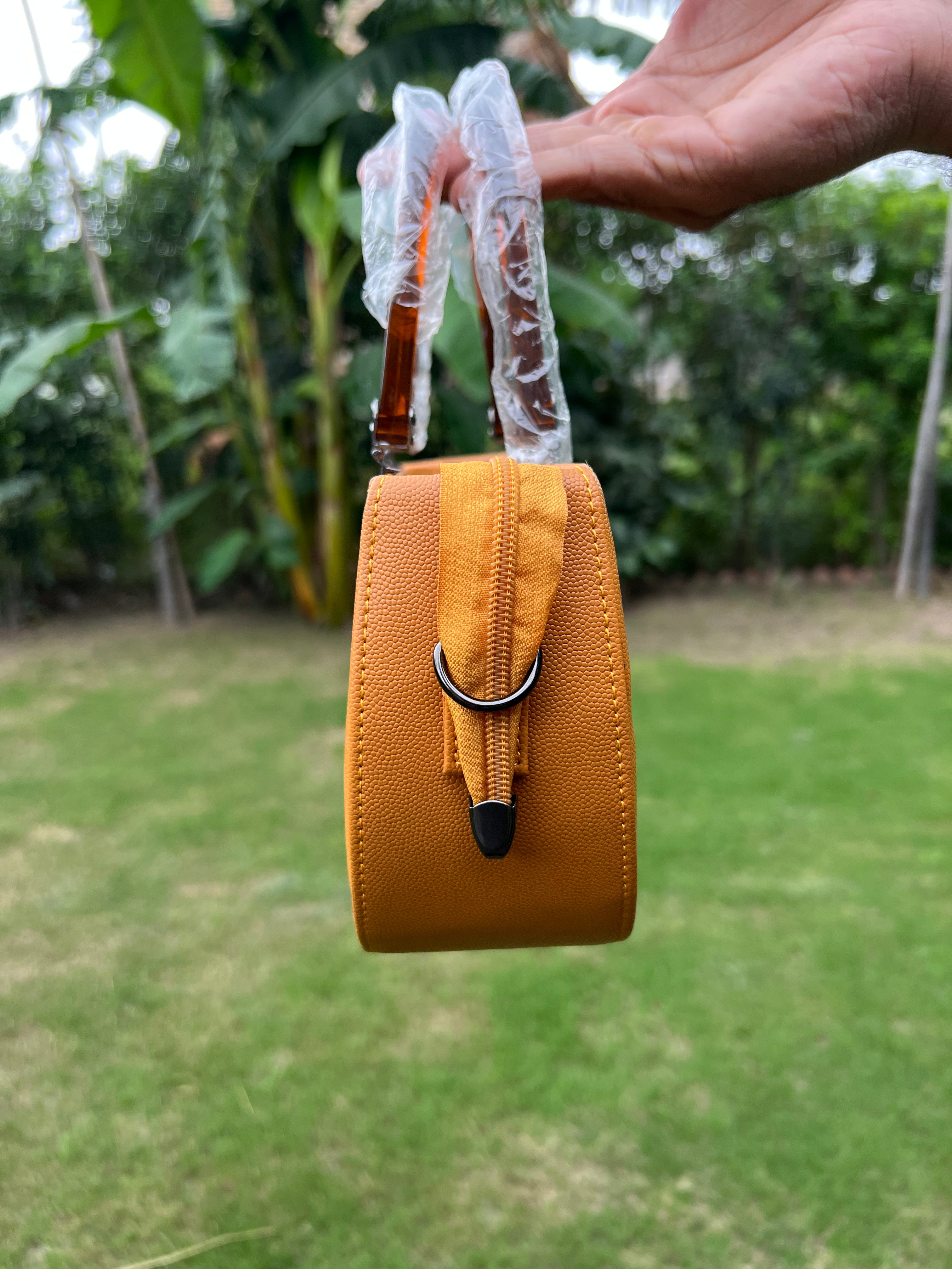 Trendy Mustard Handbag with Printed Artistic Design & transparent Handle