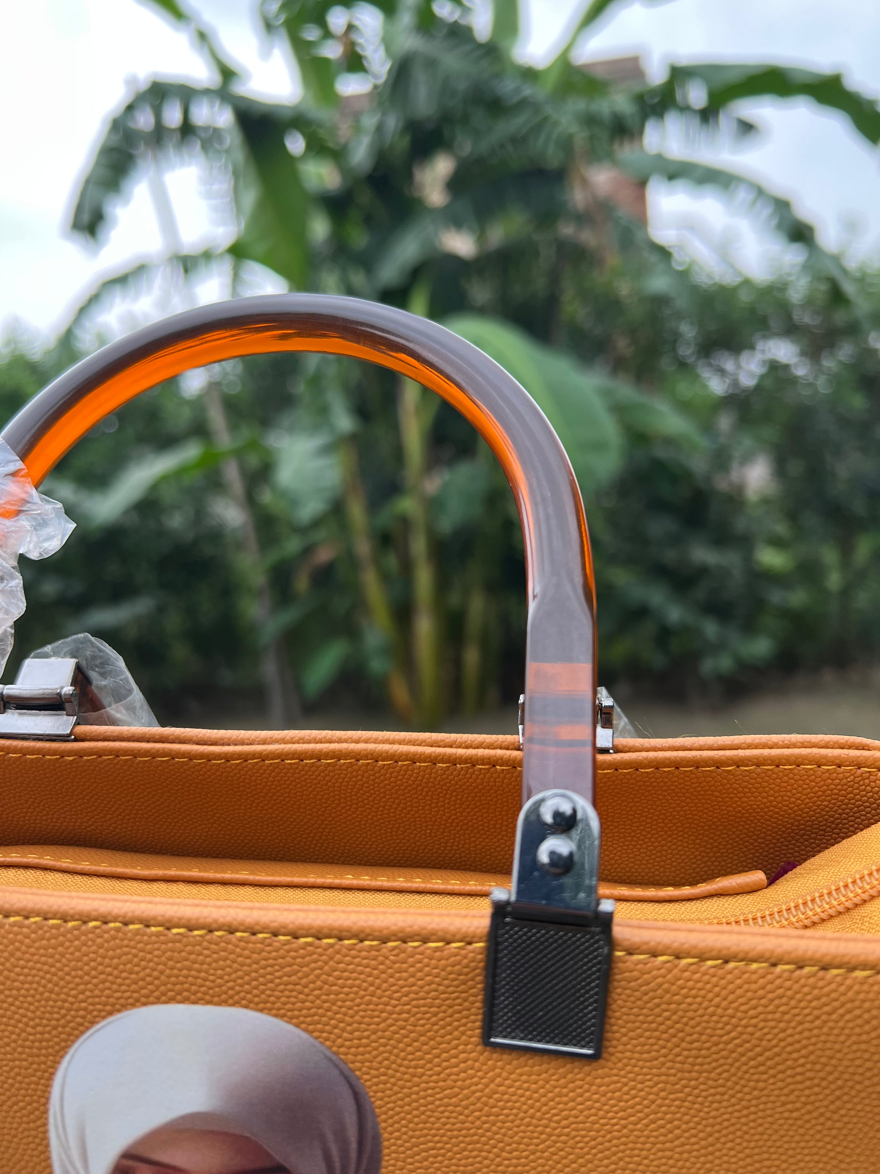 Trendy Mustard Handbag with Printed Artistic Design & transparent Handle
