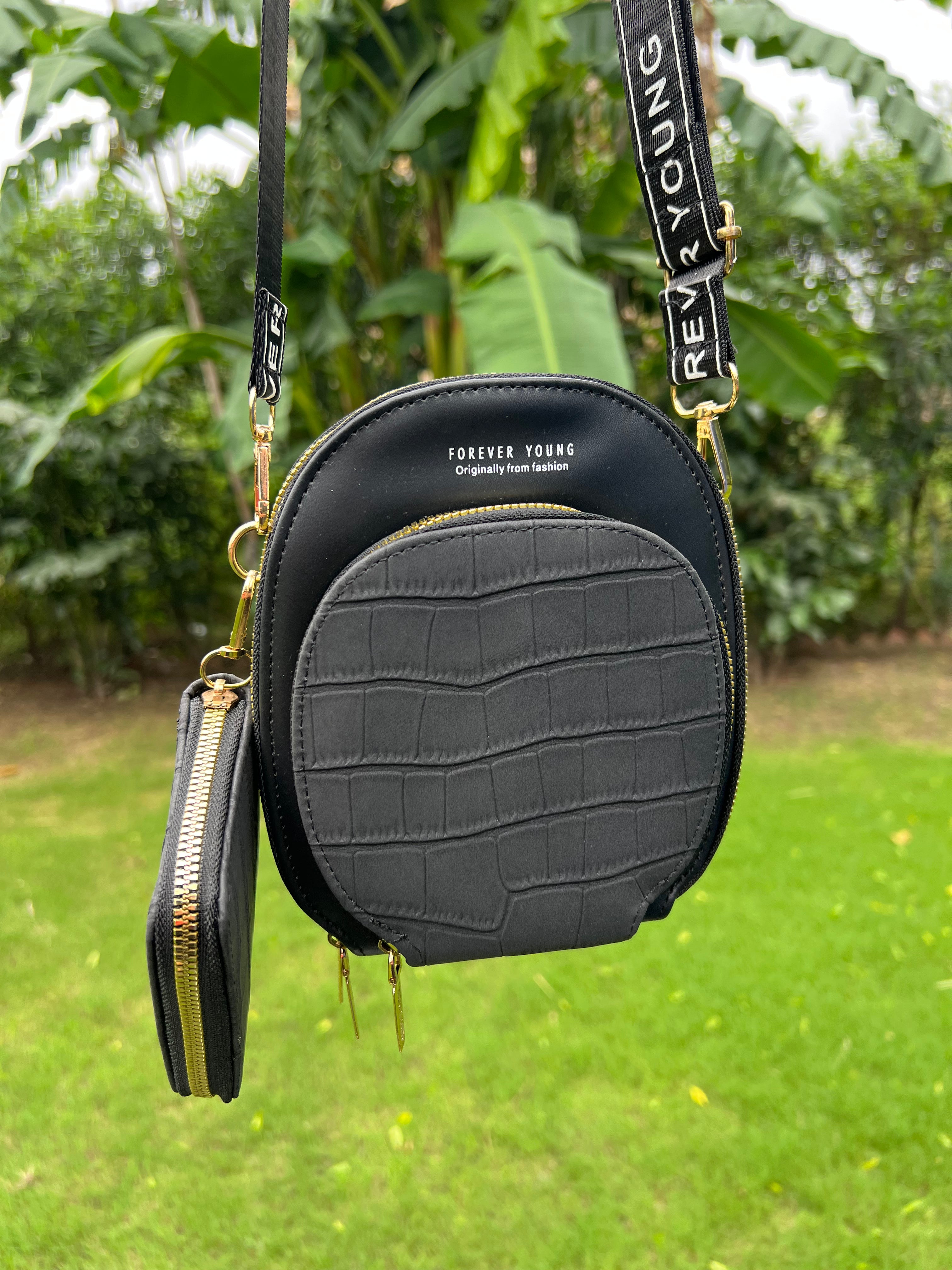 Forever Young Black Crossbody Bag with Detachable Mini Wallet