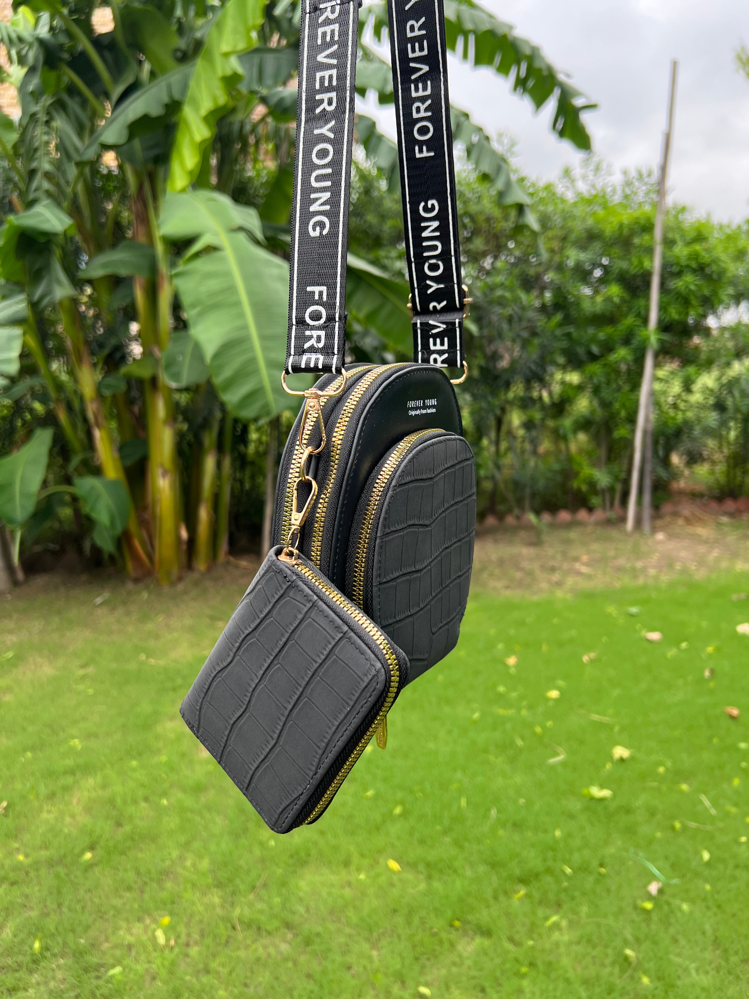 Forever Young Black Crossbody Bag with Detachable Mini Wallet