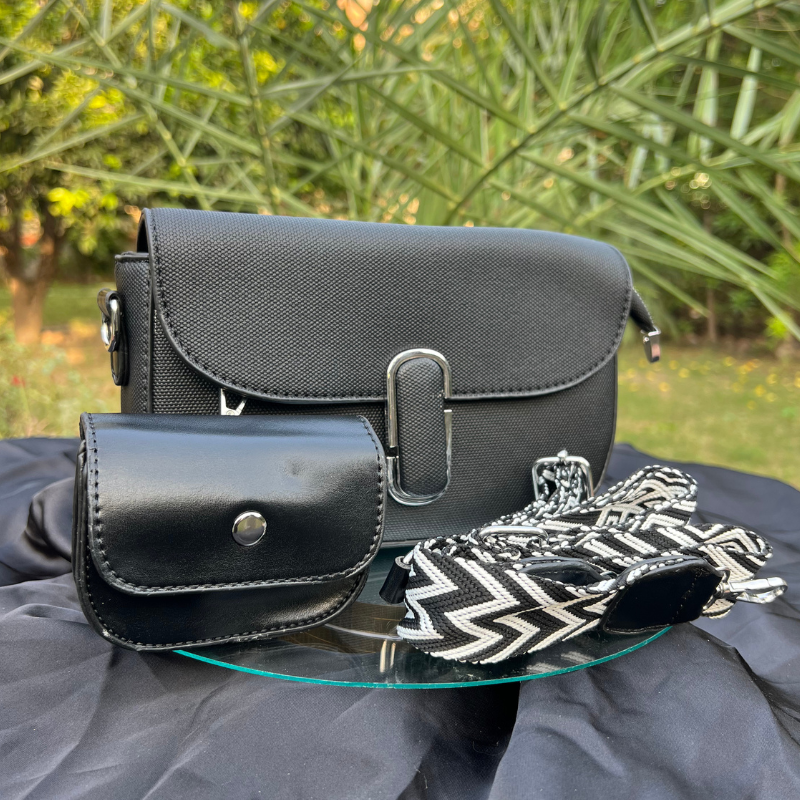 Chic Black Crossbody with Strap and Mini Pouch